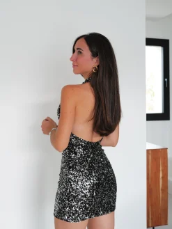 Vestido halter lentejuelas plata