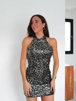 Vestido halter lentejuelas plata