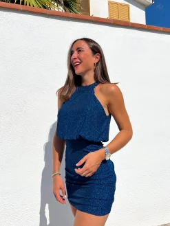 Vestido halter lurex azul