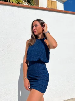 Vestido halter lurex azul