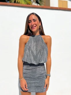 Vestido halter lurex plata