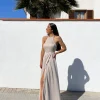 Vestido halter raso beige