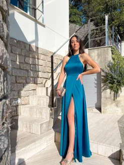 Vestido halter raso petróleo