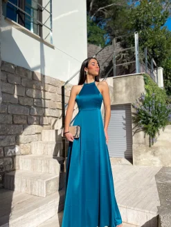 Vestido halter raso petróleo