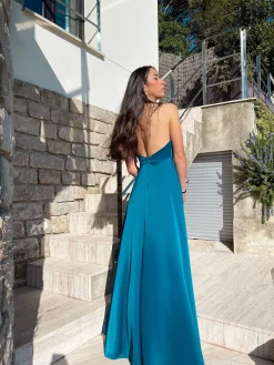 Vestido halter raso petróleo