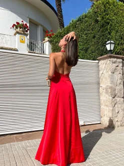 Vestido halter raso rojo