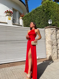 Vestido halter raso rojo