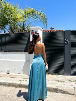 Vestido halter raso salvia