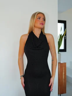 Vestido largo cascada lurex negro