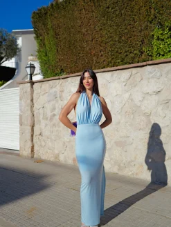 Vestido largo halter cascada cielo