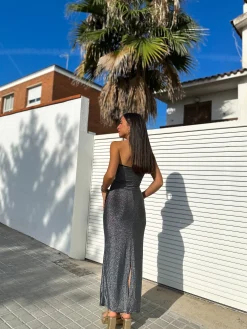 Vestido lurex aberturas plata