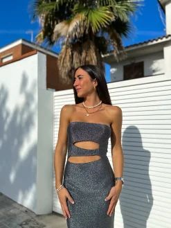 Vestido lurex aberturas plata