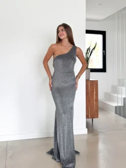 Vestido lurex asim espalda nudo plata