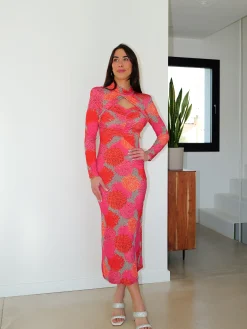 Vestido midi abertura flores rosa