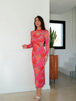 Vestido midi abertura flores rosa