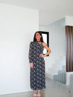 Vestido midi asim estampado choker azul