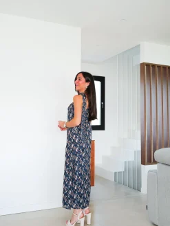 Vestido midi asim estampado choker azul