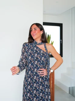 Vestido midi asim estampado choker azul