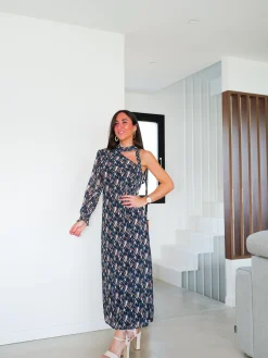 Vestido midi asim estampado choker azul