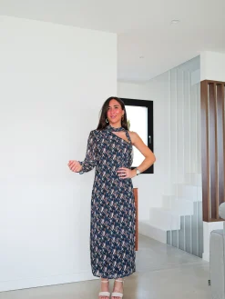 Vestido midi asim estampado choker azul