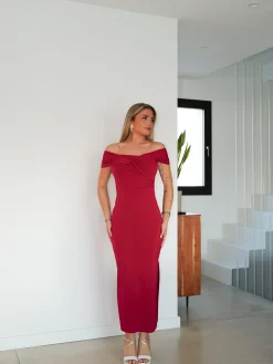 Vestido midi barco cruzado burdeos