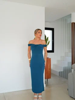 Vestido midi barco cruzado petróleo