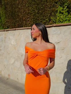 Vestido midi barco cruzado naranja