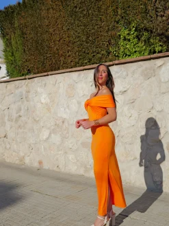 Vestido midi barco cruzado naranja