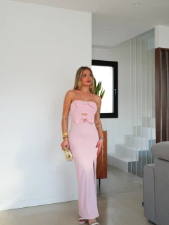 Vestido midi cut escote lazos rosa