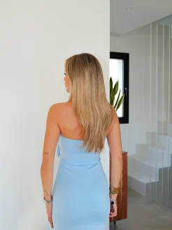 Vestido midi cut escote lazos celeste