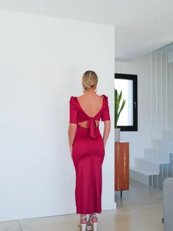 Vestido midi espalda lazo burdeos