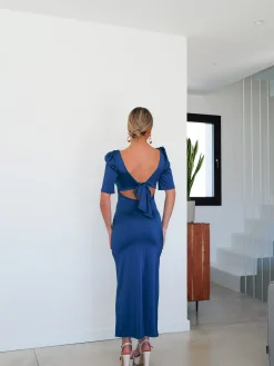 Vestido midi espalda lazo petróleo