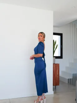 Vestido midi espalda lazo petróleo