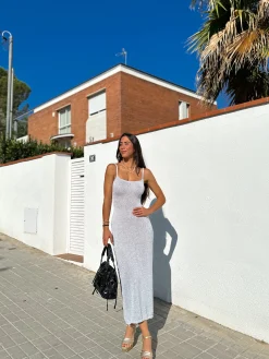 Vestido midi punto plateado