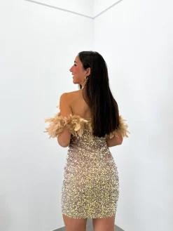 Vestido mini plumas glitter beige