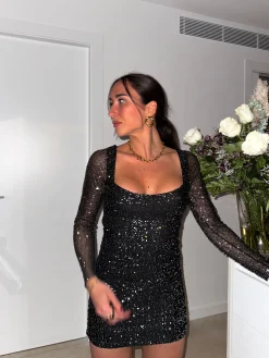 Vestido mini tulle escote cuadrado glitter plata