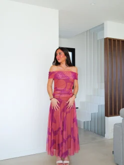 Vestido palabra estampado tulle vuelo coral