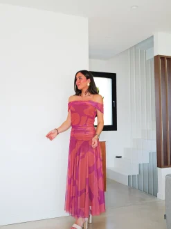 Vestido palabra estampado tulle vuelo coral