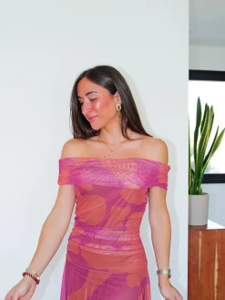Vestido palabra estampado tulle vuelo coral