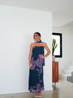Vestido palabra midi choker flores petróleo