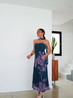Vestido palabra midi choker flores petróleo