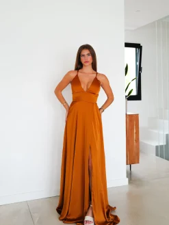 Vestido raso entrelazado teja