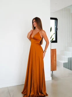 Vestido raso entrelazado teja