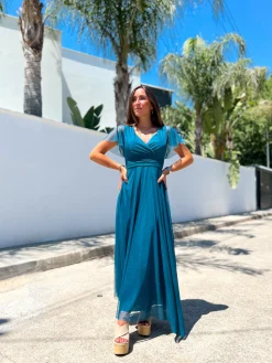 Vestido tulle manga petróleo