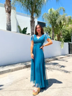 Vestido tulle manga petróleo
