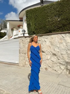 Vestido volantes crepe azul
