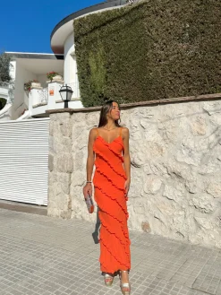 Vestido volantes crepe naranja