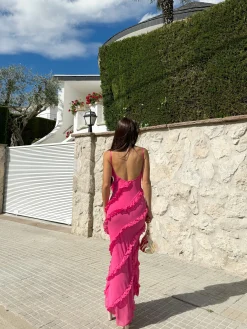 Vestido volantes crepe rosa