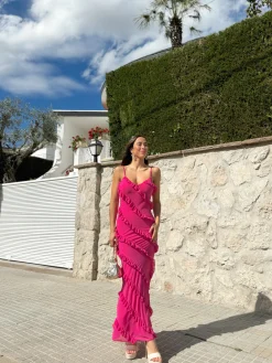 Vestido volantes crepe rosa