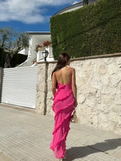 Vestido volantes crepe rosa